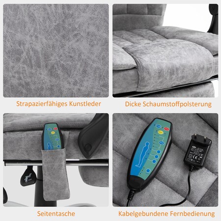 Bürostuhl mit Massagefunktion, neigbare Rücklehne, ausziehbare Fußstütze,  Leinenoptik, grau, 65 x 61 x 113 cm