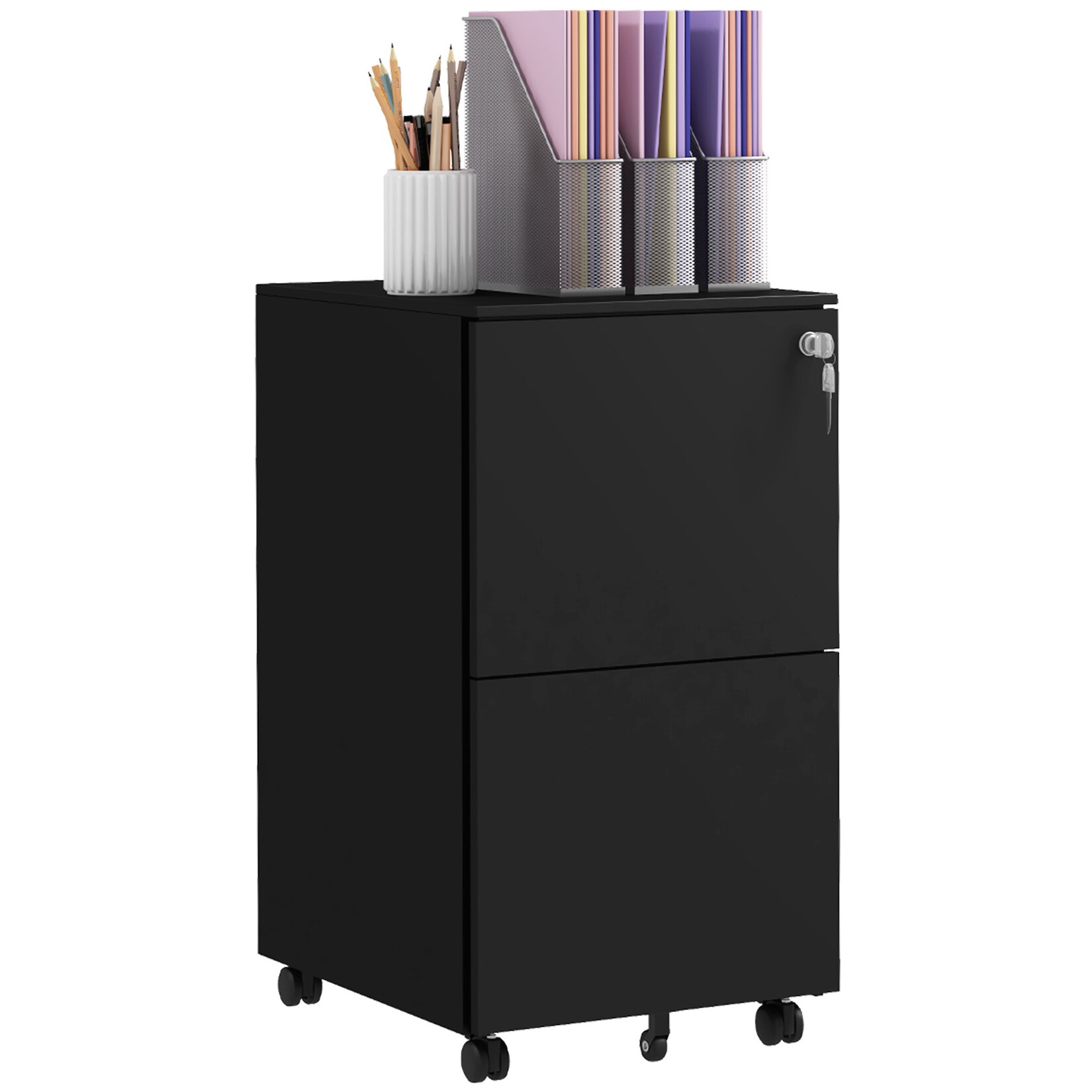 Vinsetto Rollcontainer mit 2 verschließbaren Schubladen schwarz 37L x 43,5B x 67,5H cm