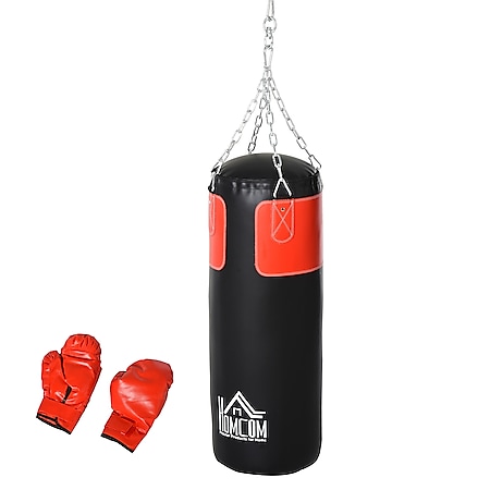 HOMCOM Boxsack mit Boxhandschuhen schwarz, rot 30 x 120 cm (ØxH) | Boxassistent Boxsack Standboxsack Boxtraining - Bild 1
