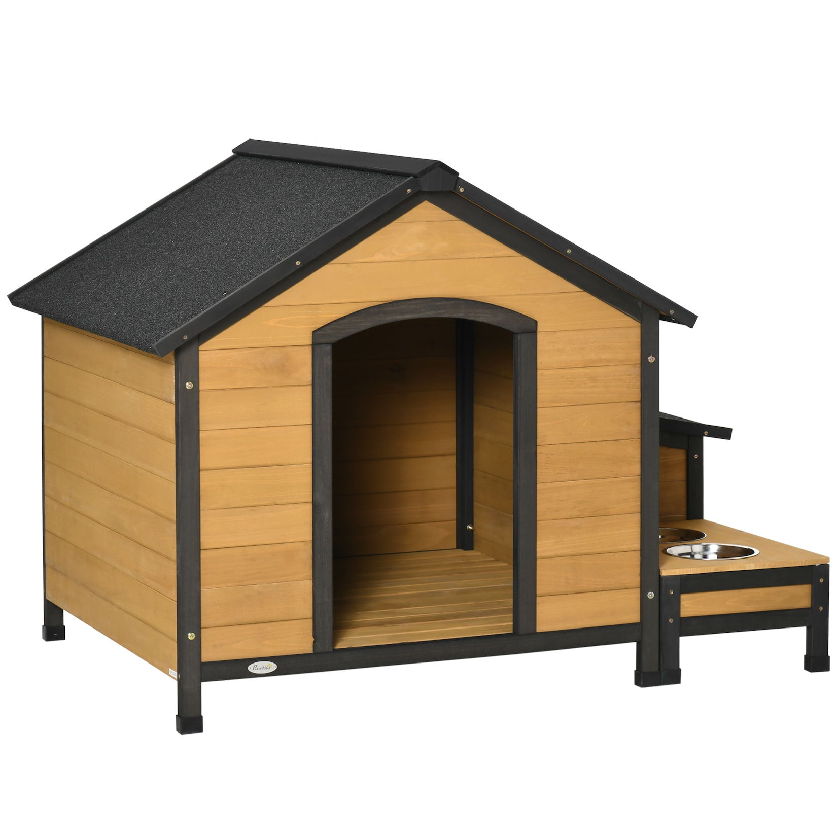 PawHut Hundehütte mit erhöhtem Design schwarz, natur 130L x 93B x 92H cm hundezwinger isoliertes hundehaus asphaltdach outdoor wetterfeste