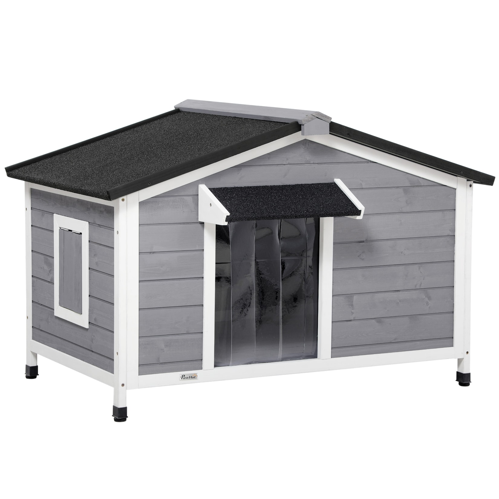 PawHut Hundehütte mit zu öffnendem Asphaltdach grau, weiß 109L x 79B x 72H cm hundehaus mit zu öffnendem asphaltdach kleintierhaus tannenholz