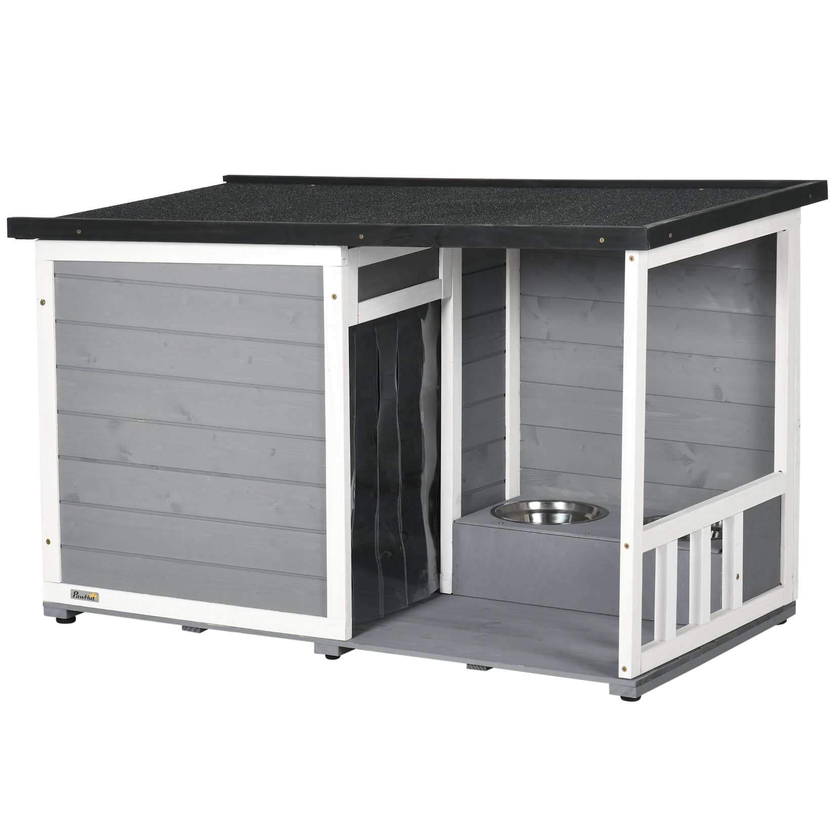 PawHut Hundehütte mit Fressnäpfen grau, weiß 103L x 62B x 66H cm hundehaus mit schüsseln kleintierhaus asphaltdach erhöhtes design