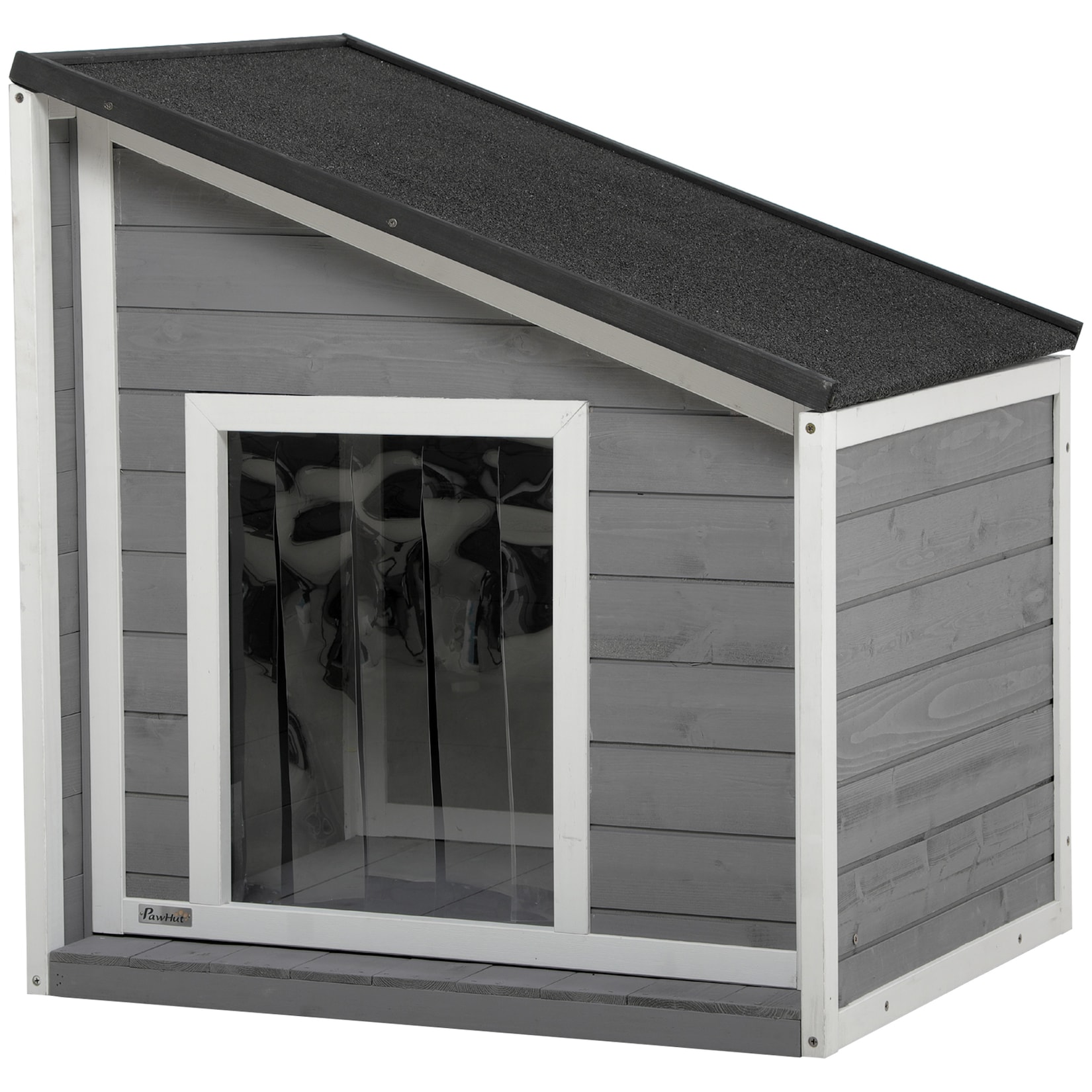 PawHut Hundehütte mit zu öffnendem Schrägasphaltdach grau, weiß 71L x 58B x 53-77H cm hundehaus mit asphaltdach kleintierhaus mit türvorhang tannenholz