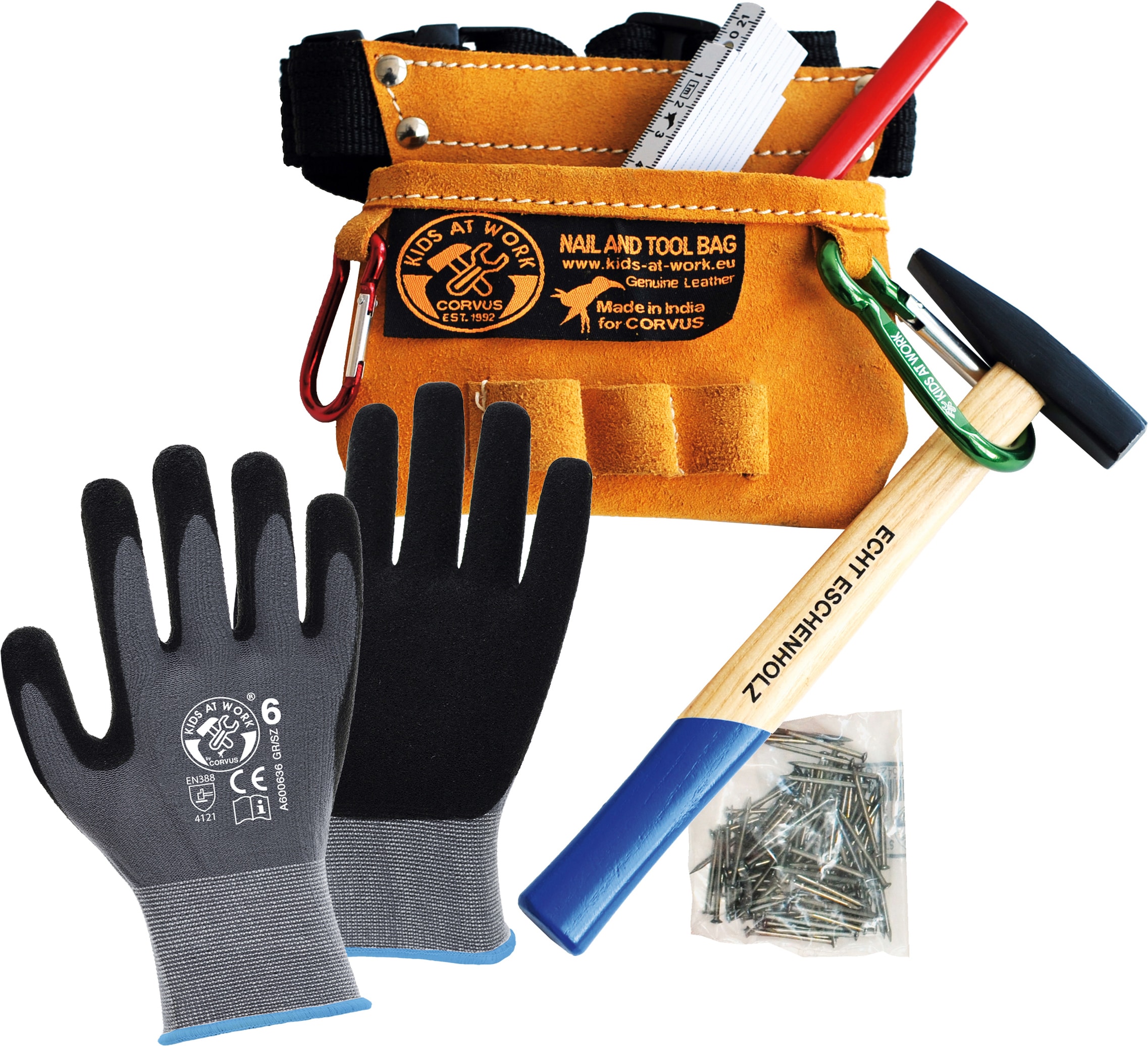 Kids at work CORVUS Kids at Work Werkzeugg&uuml;rtel mit Inhalt - Meterstab, Holzhammer, N&auml;gel, - Bild 1