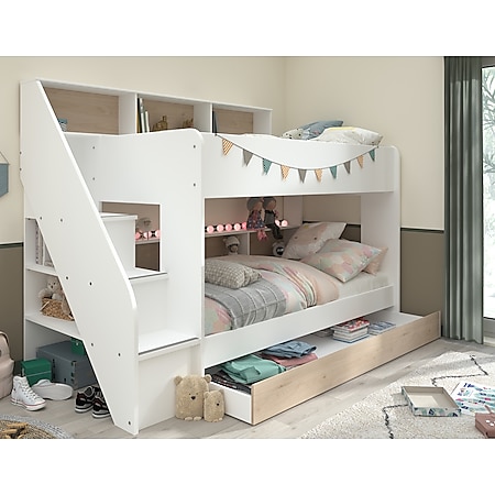 Etagenbett Bibop 1 Parisot 90*200 mit Bettschubkasten + Regalfächer +  Lattenrostplatten Weiß Eiche online kaufen bei Netto