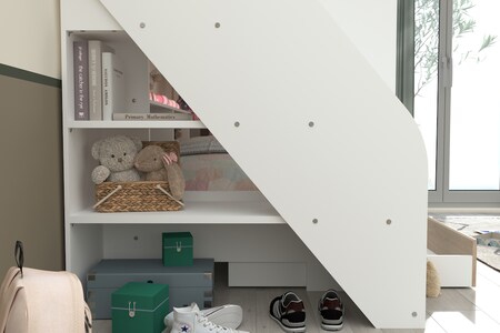 Etagenbett Bibop 1 Parisot 90*200 mit Bettschubkasten + Regalfächer +  Lattenrostplatten Weiß Eiche online kaufen bei Netto | Etagenbetten