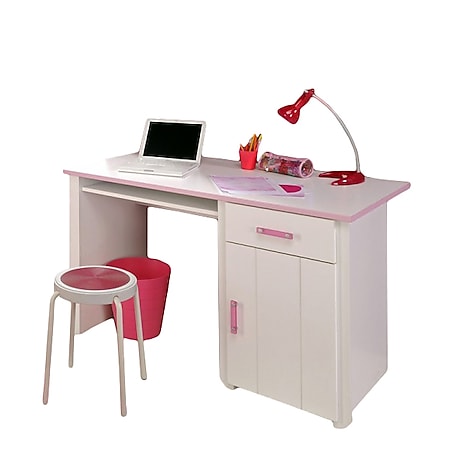 Schreibtisch Biotiful 122 x 65 cm 1 große Tür + 1 Schublade + 1 großes offenes Fach weiß - rosa - Bild 1