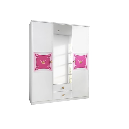 Kleiderschrank Zoe weiß - rosa 3 Türen B 136 cm H 199 cm T 56 cm mit Spiegel und 2 Schubladen - Bild 1