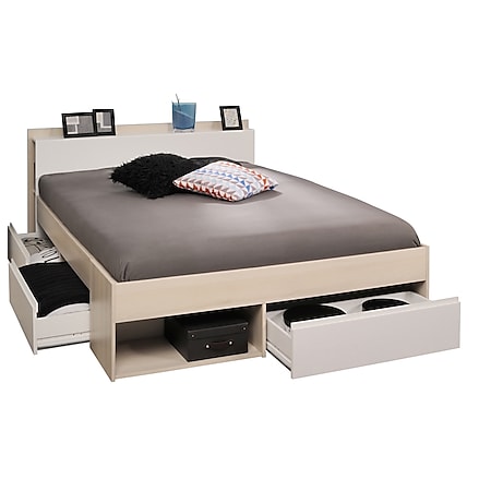 Funktionsbett Most Parisot 140*200 cm + 3 Bettkästen + Kopfteil-Regal + Fächer grau - weiß - Bild 1
