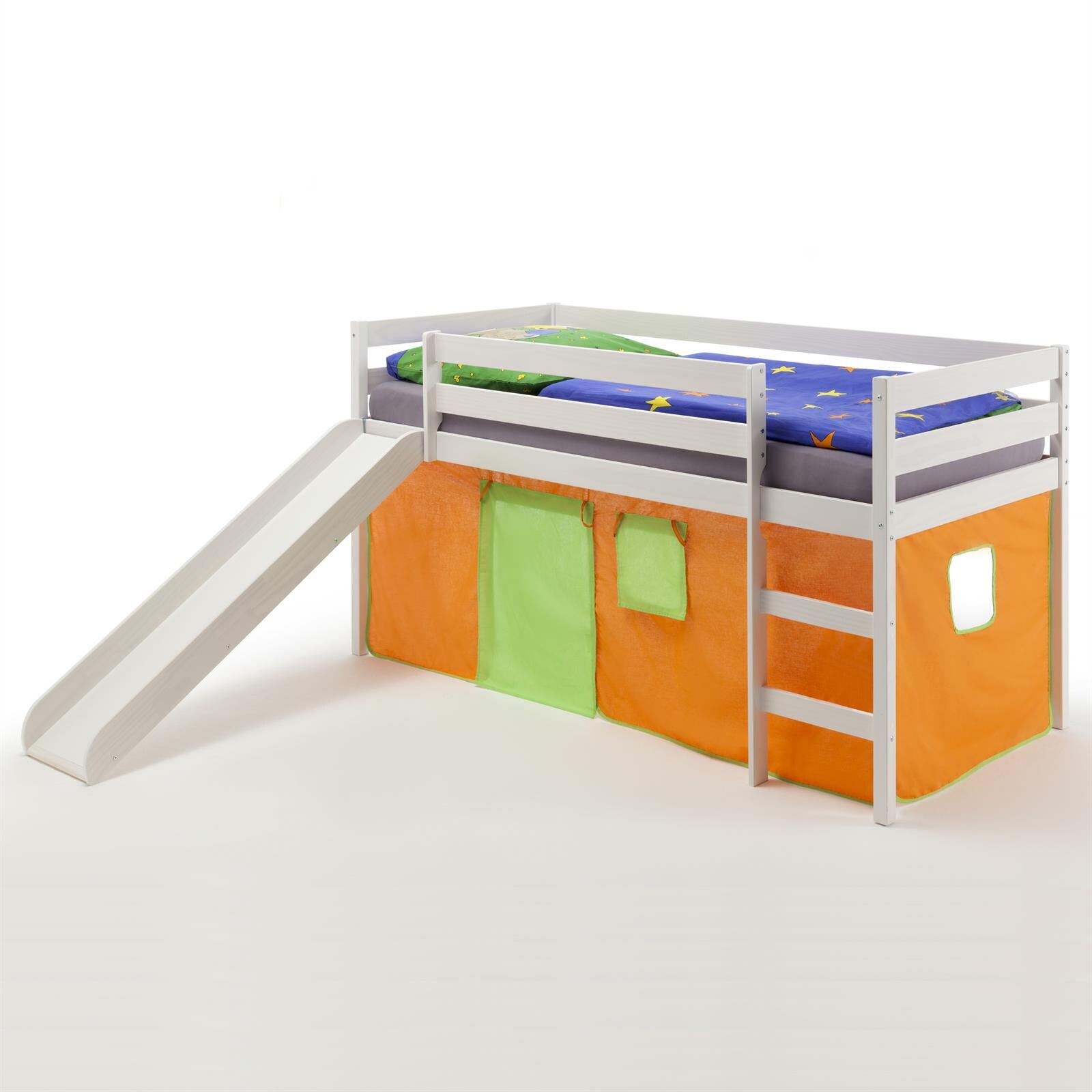IDIMEX Hochbett mit Rutsche BENNY wei&szlig;, Vorhang orange/gr&uuml;n - Bild 1