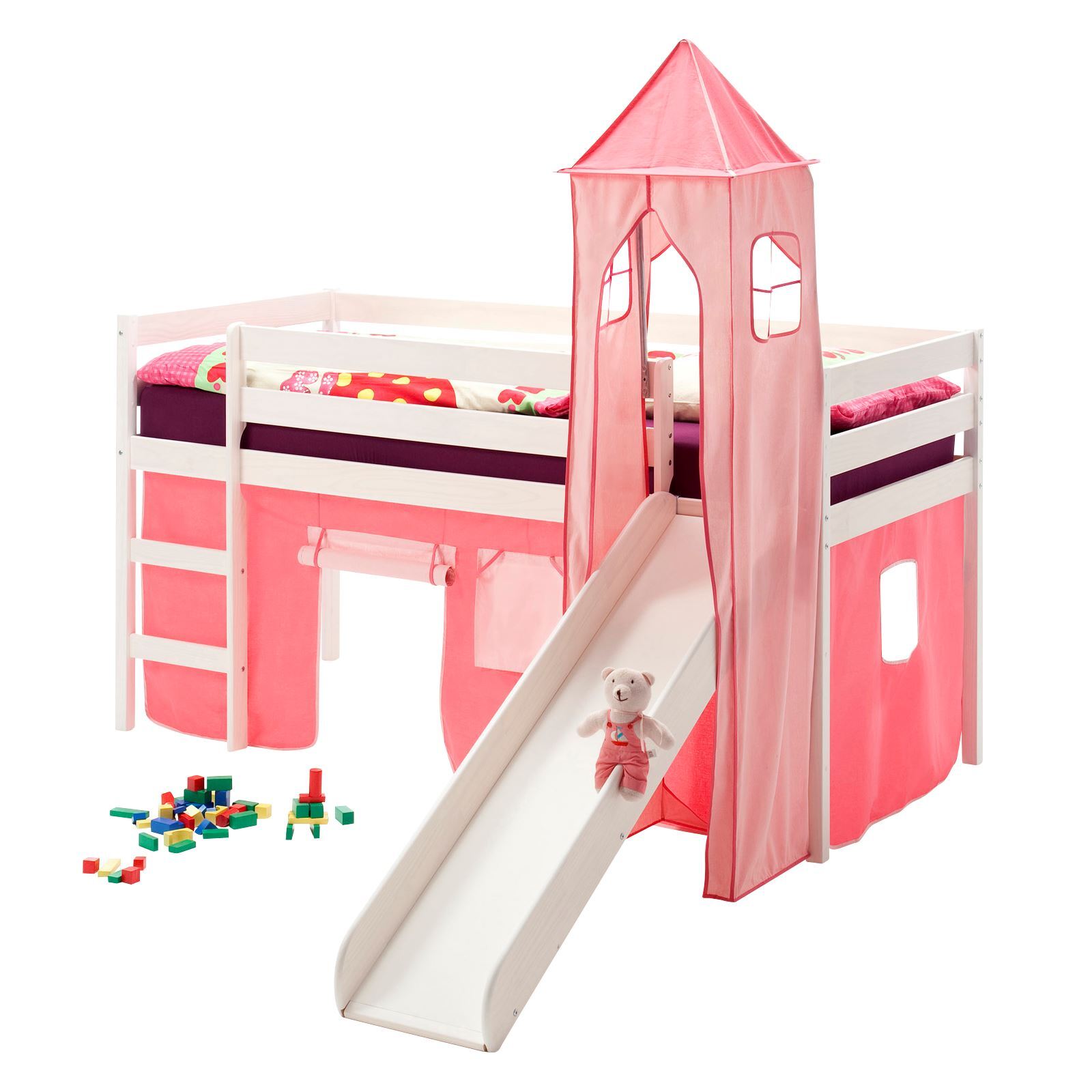 IDIMEX Hochbett mit Rutsche BENNY, Vorhang u.Turm pink - Bild 1