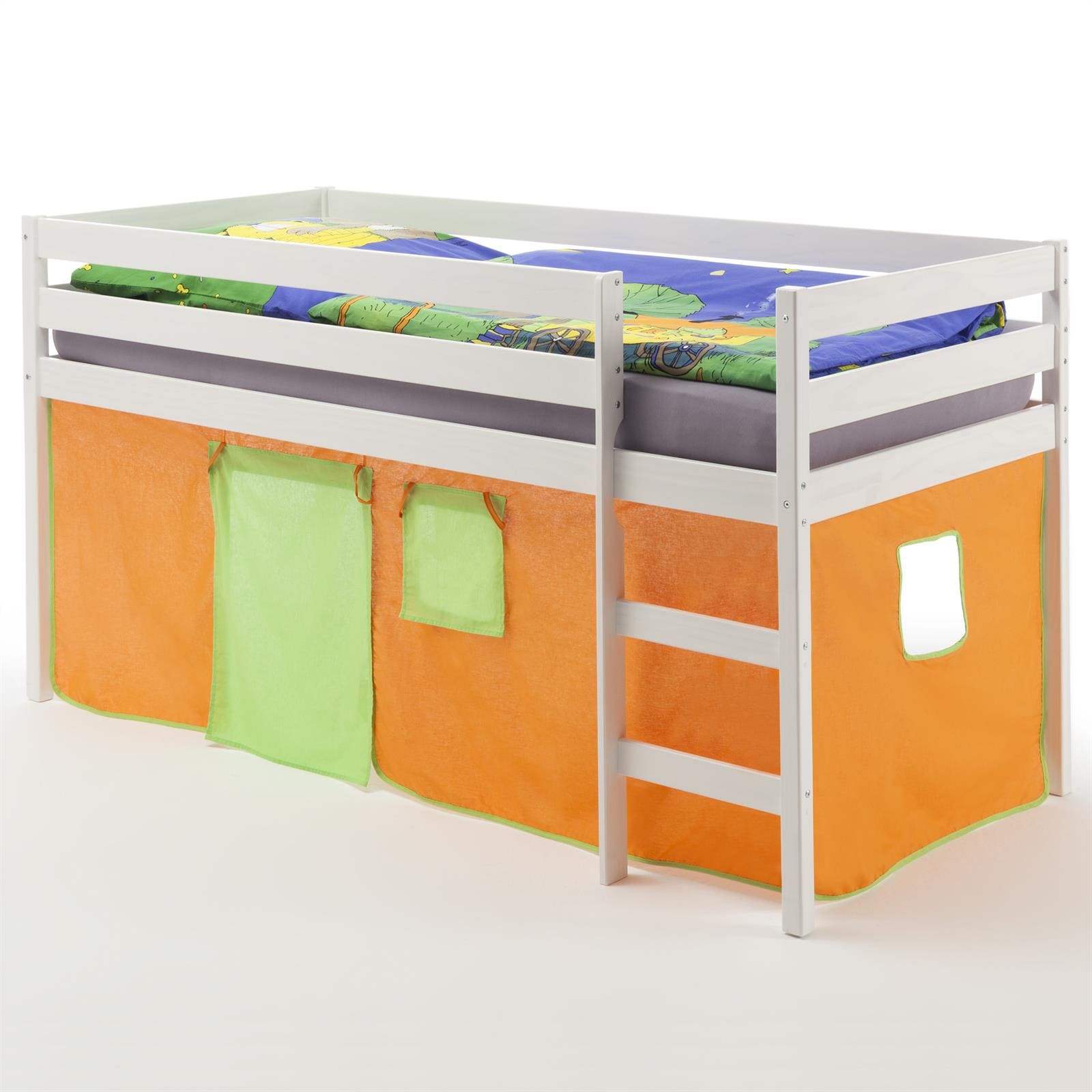 IDIMEX Hochbett ERIK in wei&szlig; mit Vorhang orange/gr&uuml;n - Bild 1