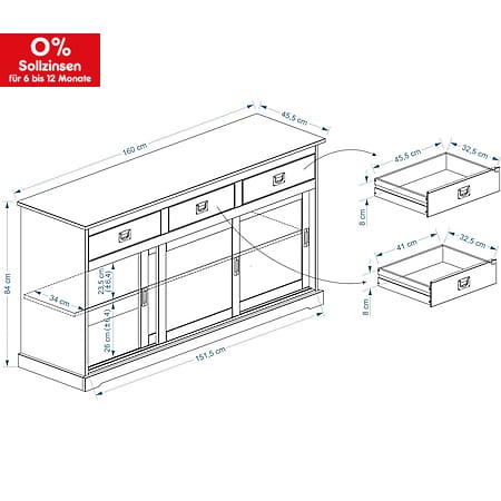 IDIMEX Anrichte Kommode Sideboard Savona mit 2 Türen 2 Schubladen Oberfläche Taupe lackiert Holzkommode Kiefer massiv