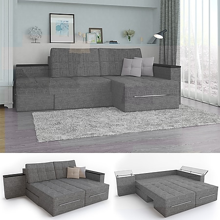 Ecksofa mit Schlaffunktion 240 x 160 cm Grau -  Eckcouch Sofa Couch Schlafsofa Taschenfederkern - Bild 1