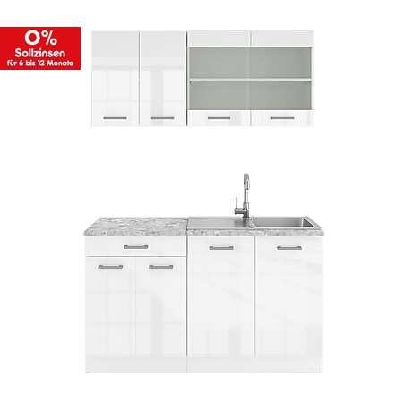 VICCO Küchenzeile SINGLE Einbauküche 140 cm Küchen Weiß Hochglanz R-LINE - Bild 1