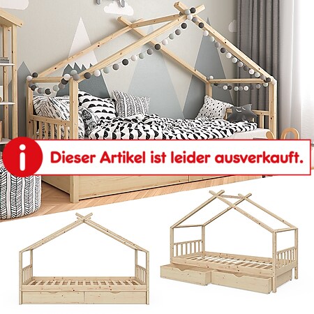 VITALISPA Kinderbett DESIGN Hausbett mit Schubladen und Lattenrost Klarlack 90x200cm - Bild 1