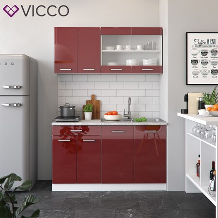 VICCO Küchenzeile SINGLE Einbauküche 140 Hochglanz cm Rot online kaufen Netto Bordeaux bei R-LINE Küche