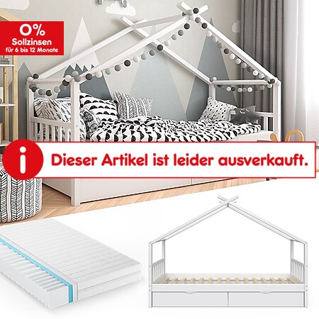 VitaliSpa Kinderbett Design Hausbett mit Schubladen und Lattenrost 90x200cm Weiß + Matratze - Bild 1