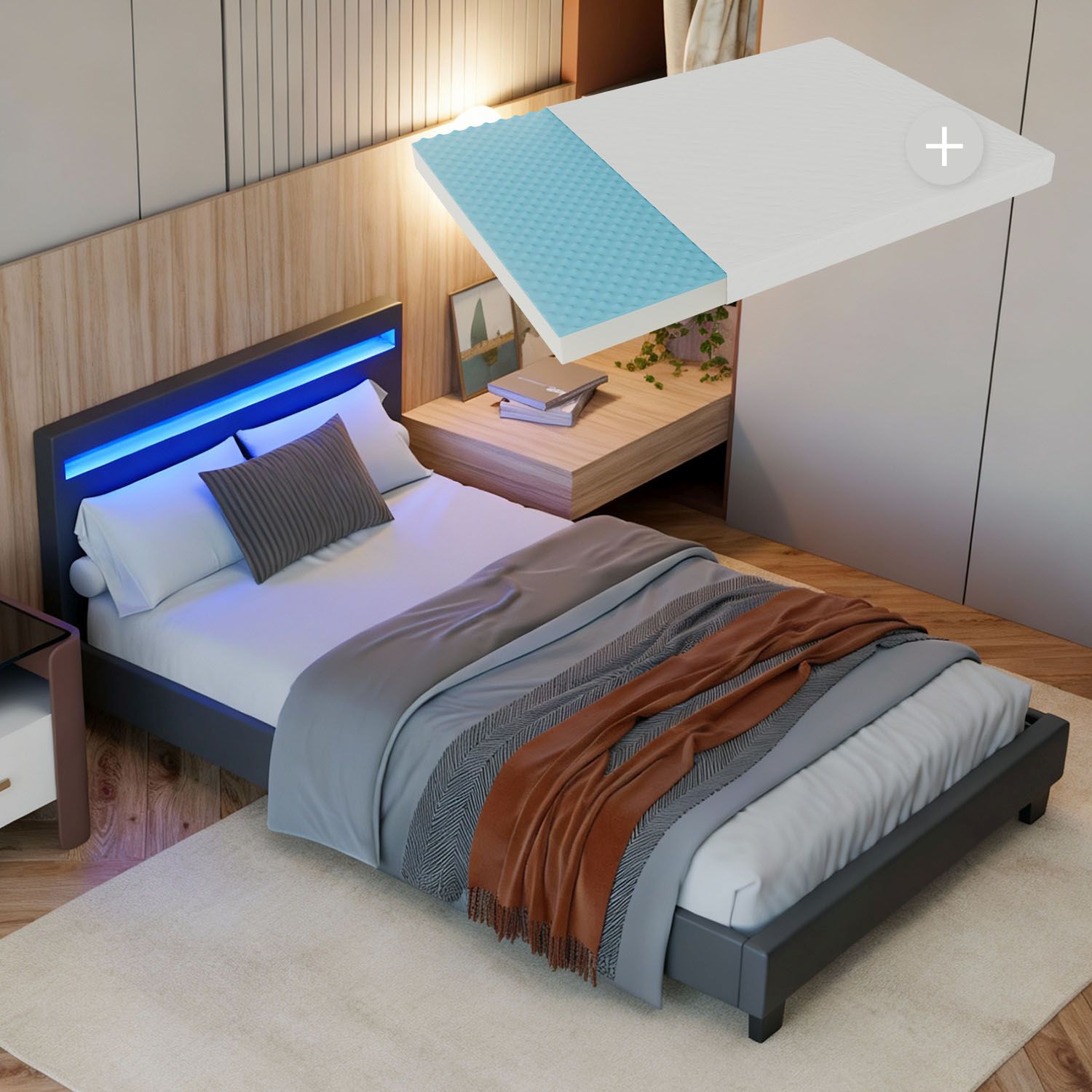 Juskys Polsterbett Paris grau | 120&times;200 cm | Bettgestell LED-Beleuchtung, Lattenrost & Matratze - Bild 1