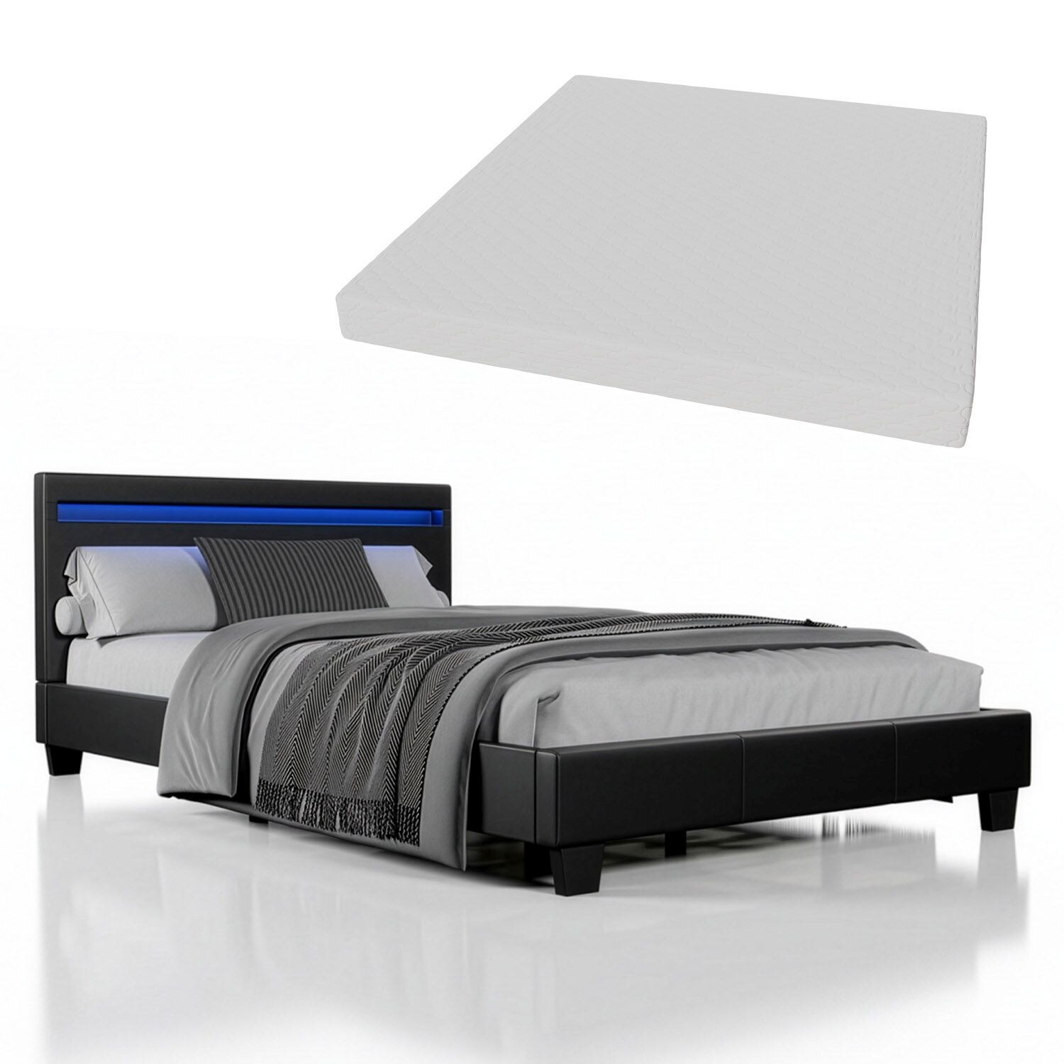 Juskys Polsterbett Paris schwarz   120×200 cm   Bettgestell LED-Beleuchtung, Lattenrost & Matratze | 04260565523062