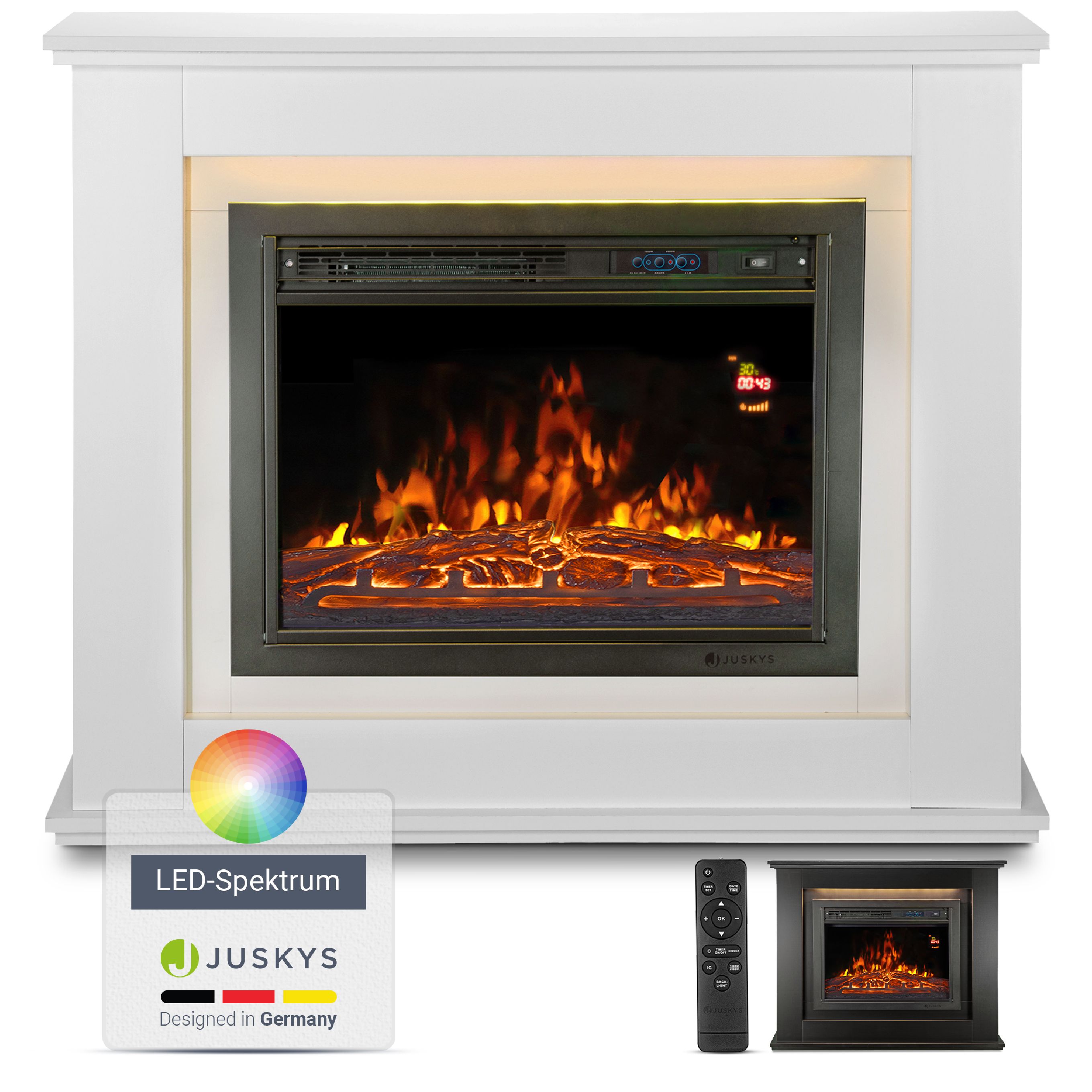 Juskys Elektrokamin &ndash; Standkamin mit Heizung & Kaminfeuer &ndash; Flammeneffekt, 1000/2000 Watt &ndash; Wei&szlig; - Bild 1