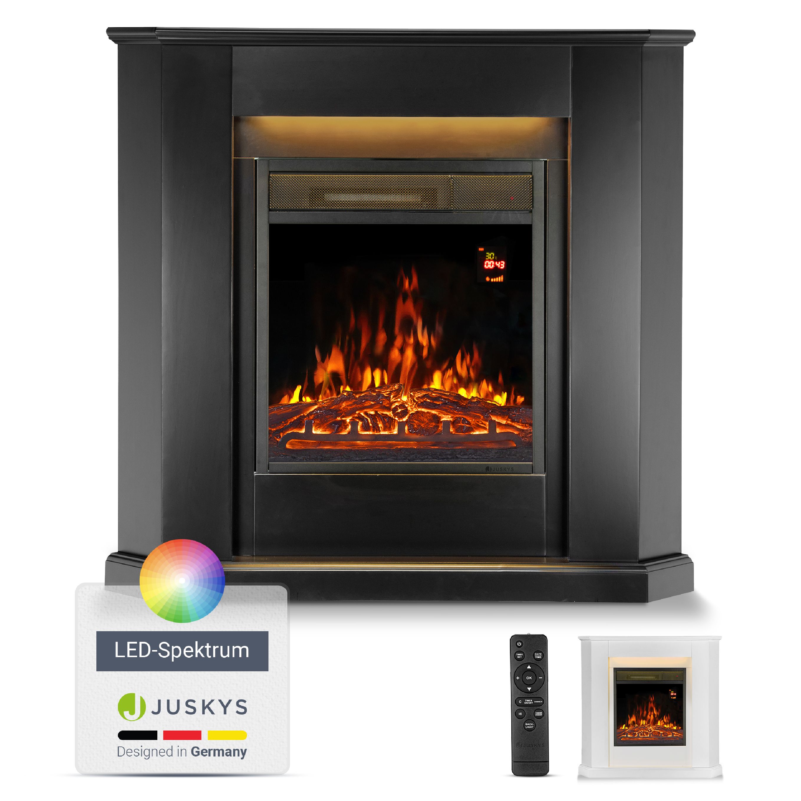 Juskys Elektrokamin &ndash; Standkamin mit Heizung & Kaminfeuer &ndash; Flammeneffekt, 1000/2000 Watt &ndash; Schwarz - Bild 1