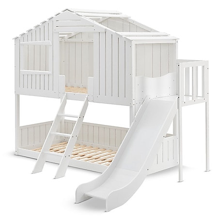 Juskys Kinderbett Baumhaus 90x200 cm Weiß mit Rutsche, Dach & Lattenrost – Hausbett für Kinder - Bild 1