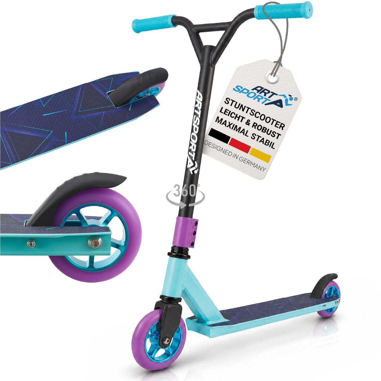 ArtSport Stunt Scooter Retro Purple - Trick Roller für Kinder & Jugendliche - Tretroller Blau Schwarz