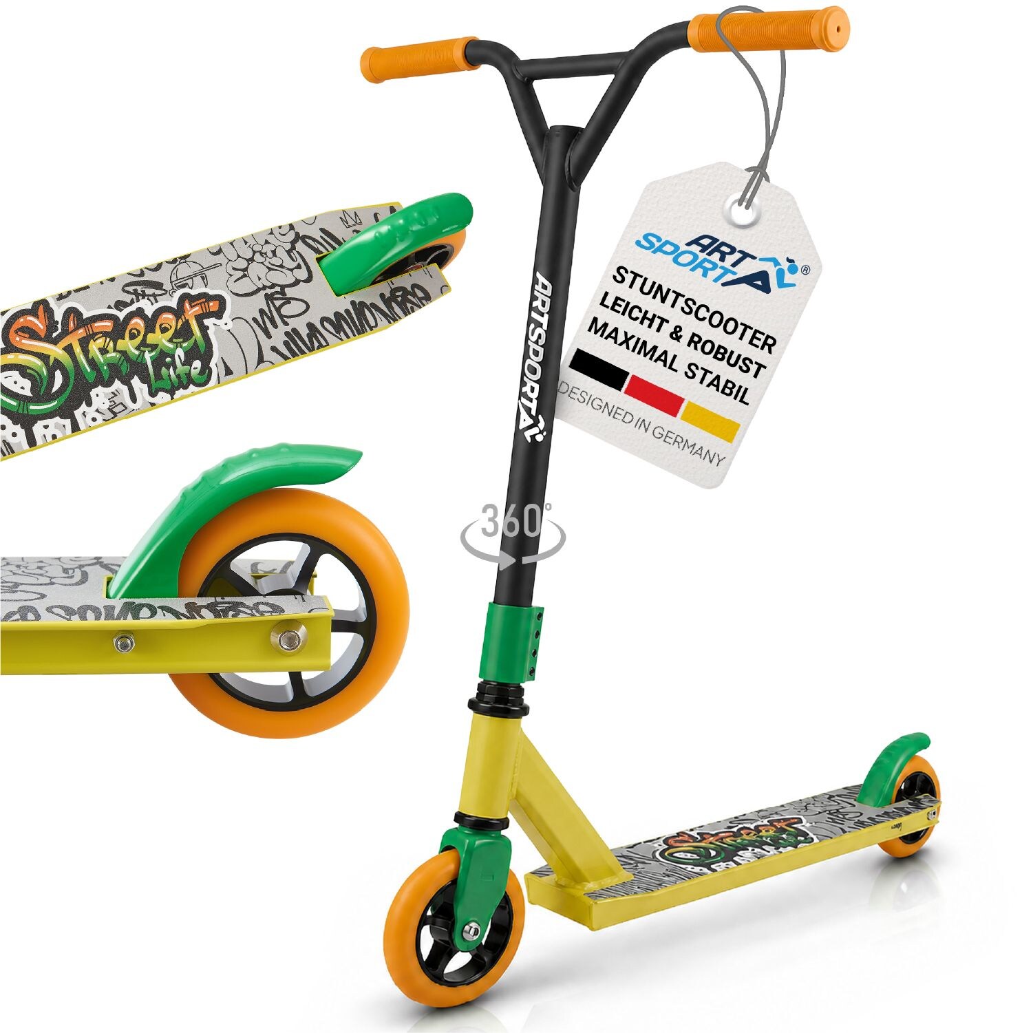 ArtSport Stunt Scooter Street Life - Trick Roller für Kinder & Jugendliche - Tretroller Schwarz Gelb