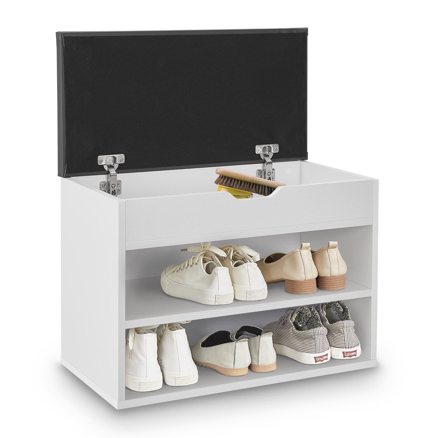 Juskys Schuhregal mit Klappdeckel und gepolstertem Sitz 60x30x44 cm – Holz Regal in Weiß | 04260565526445