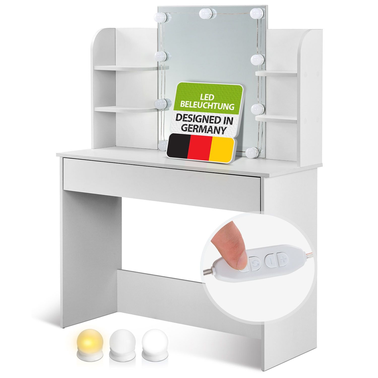 Juskys Schminktisch Bella 108 x 40 x 140 cm in Wei&szlig; mit Spiegel, LED, Schublade & 4 Ablagef&auml;chern - Bild 1