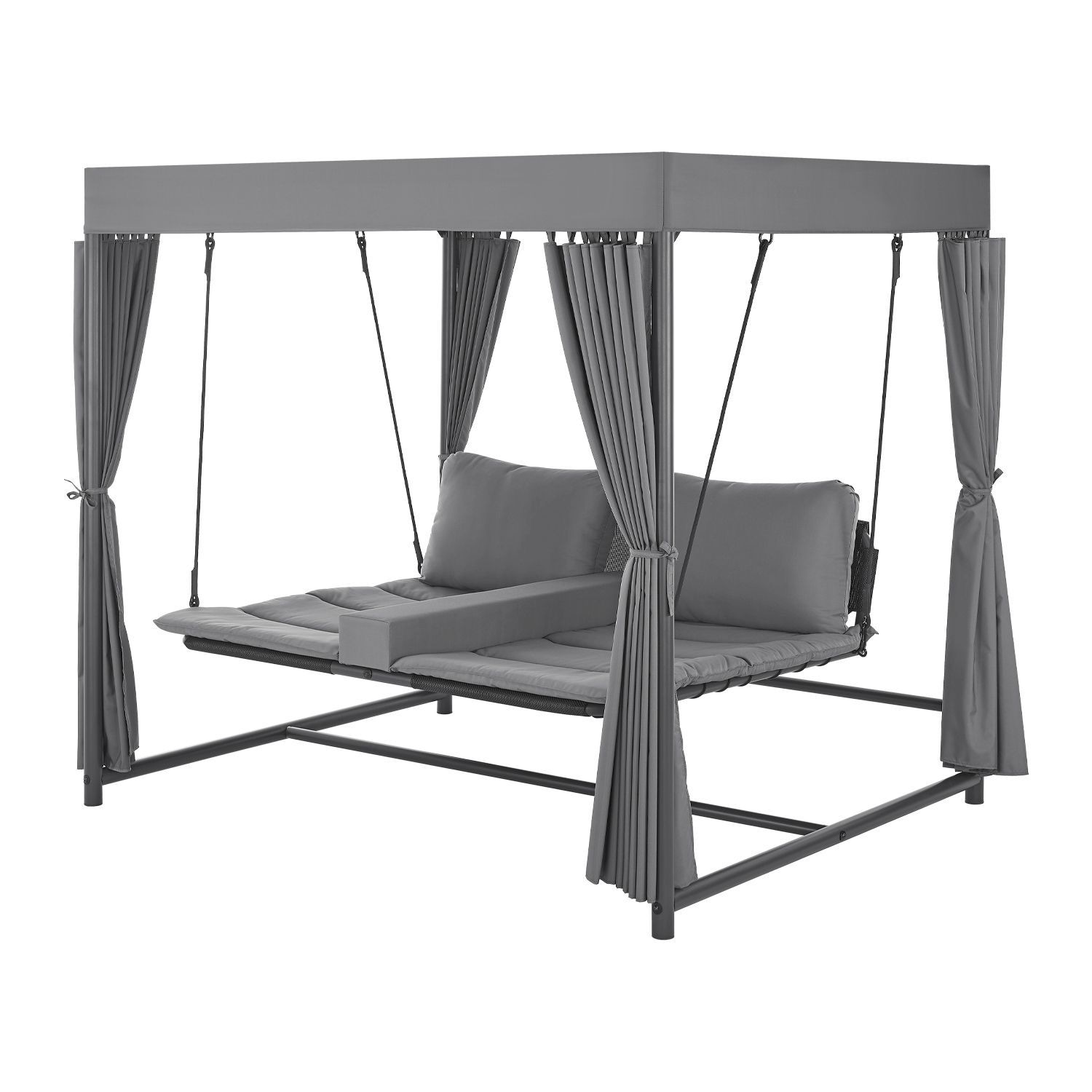 Juskys Schaukelliege Kassandra - Gartenliege mit Sonnendach und Vorh&auml;ngen f&uuml;r 2 Personen in Grau - Bild 1