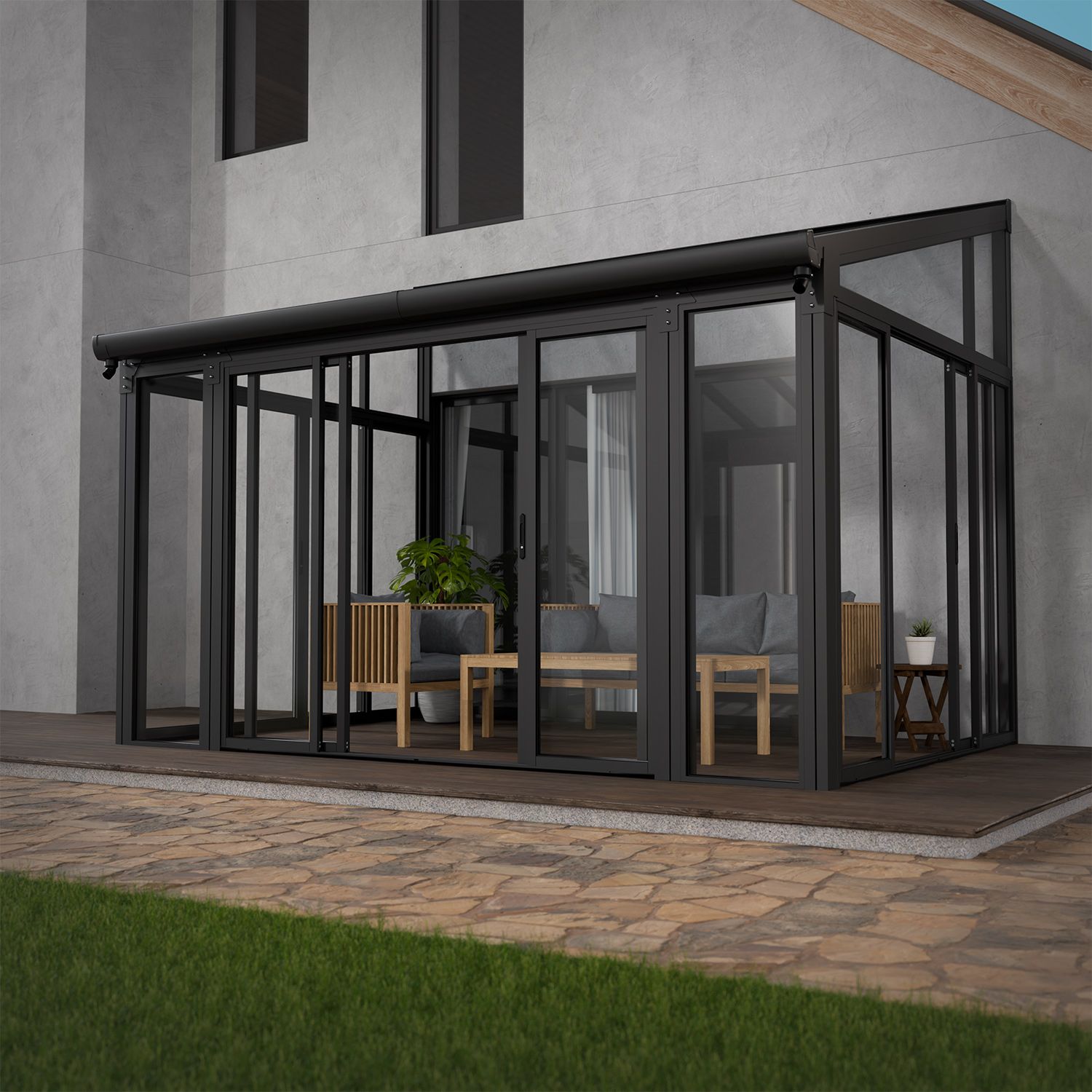 Juskys Wintergarten 12 m&sup2; in Grau mit Schiebet&uuml;ren - UV-Schutz, wasserdicht & winterfest - Bild 1