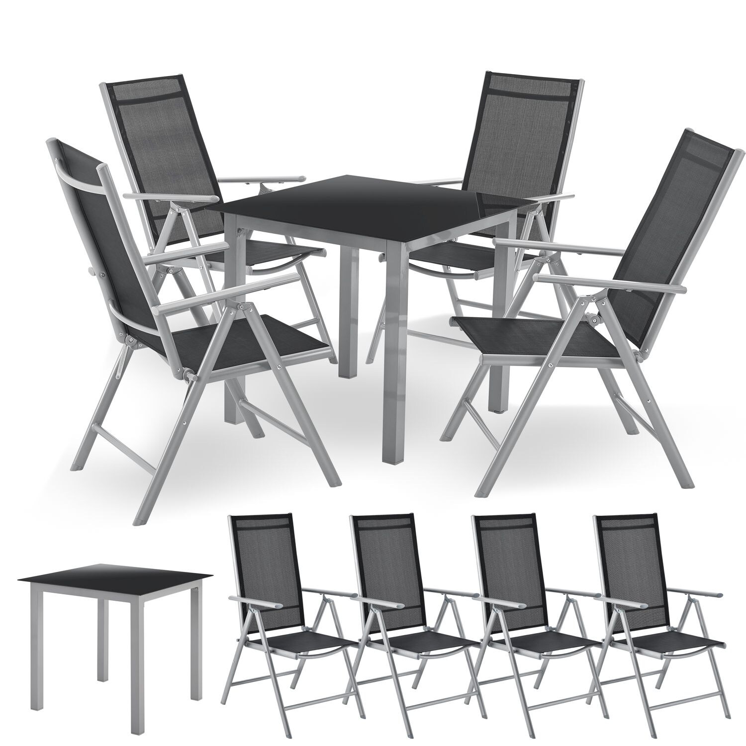 Juskys Aluminium Gartengarnitur Milano Gartenmöbel Set mit Tisch und 4 Stühlen Silber-Grau | 04260565527015