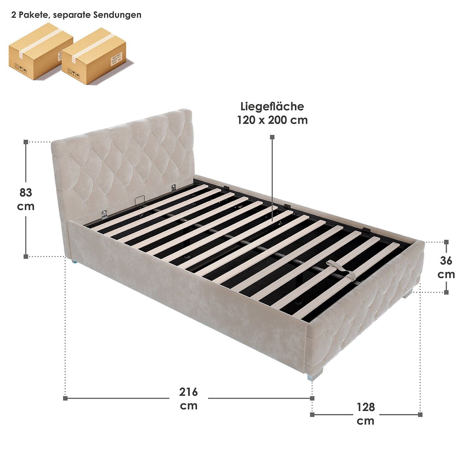Juskys Polsterbett Nizza 120x200 cm - Lattenrost, Stauraum & LEDs - Samtbezug mit Steppung - Beige