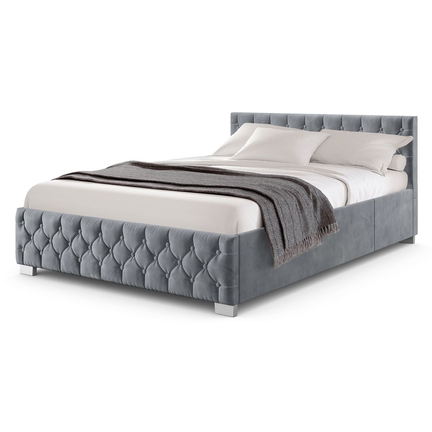 Juskys Polsterbett Nizza 120×200 cm – Lattenrost, Stauraum & LEDs – Samtbezug mit Steppung – Grau | 04260565527169