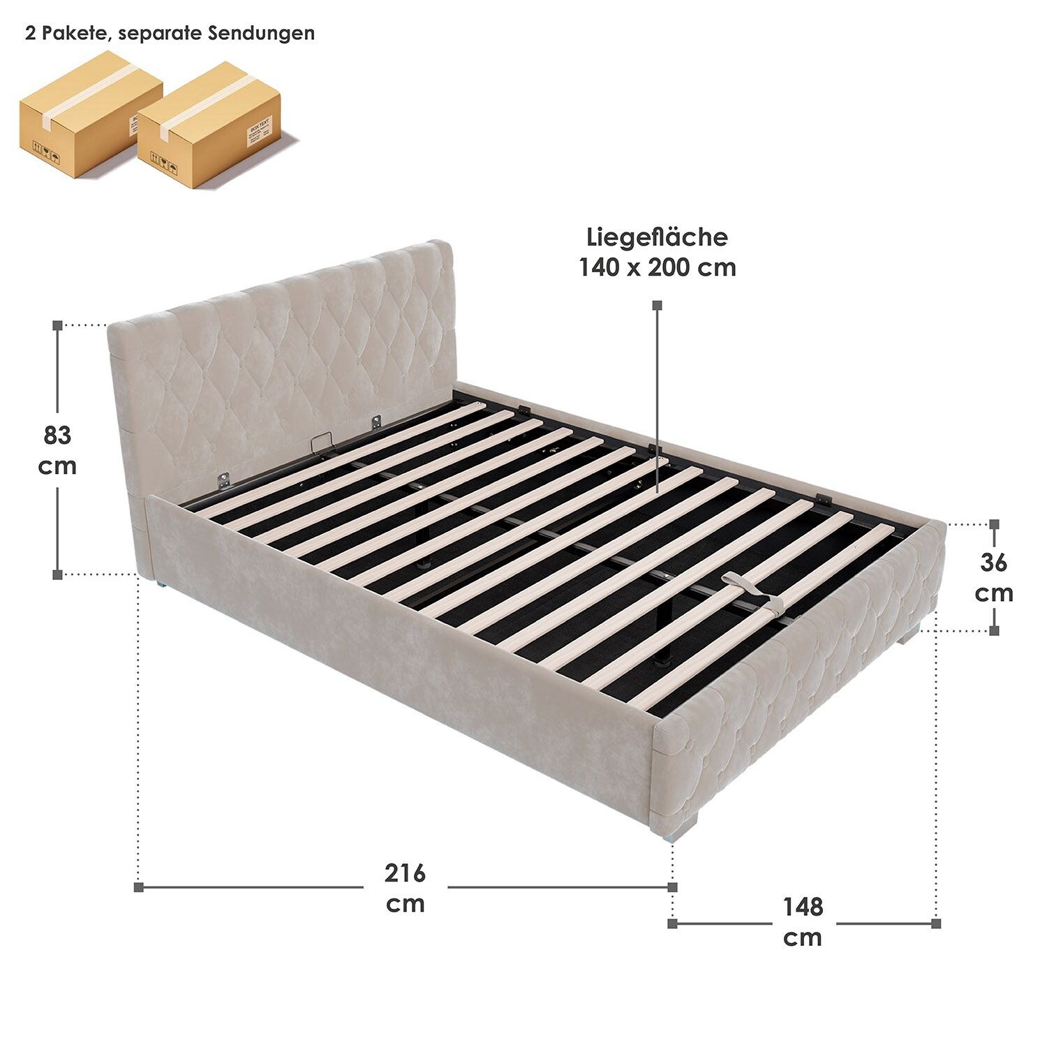 Juskys Polsterbett Nizza 140x200 cm - Lattenrost, Stauraum & LEDs - Samtbezug mit Steppung - Beige