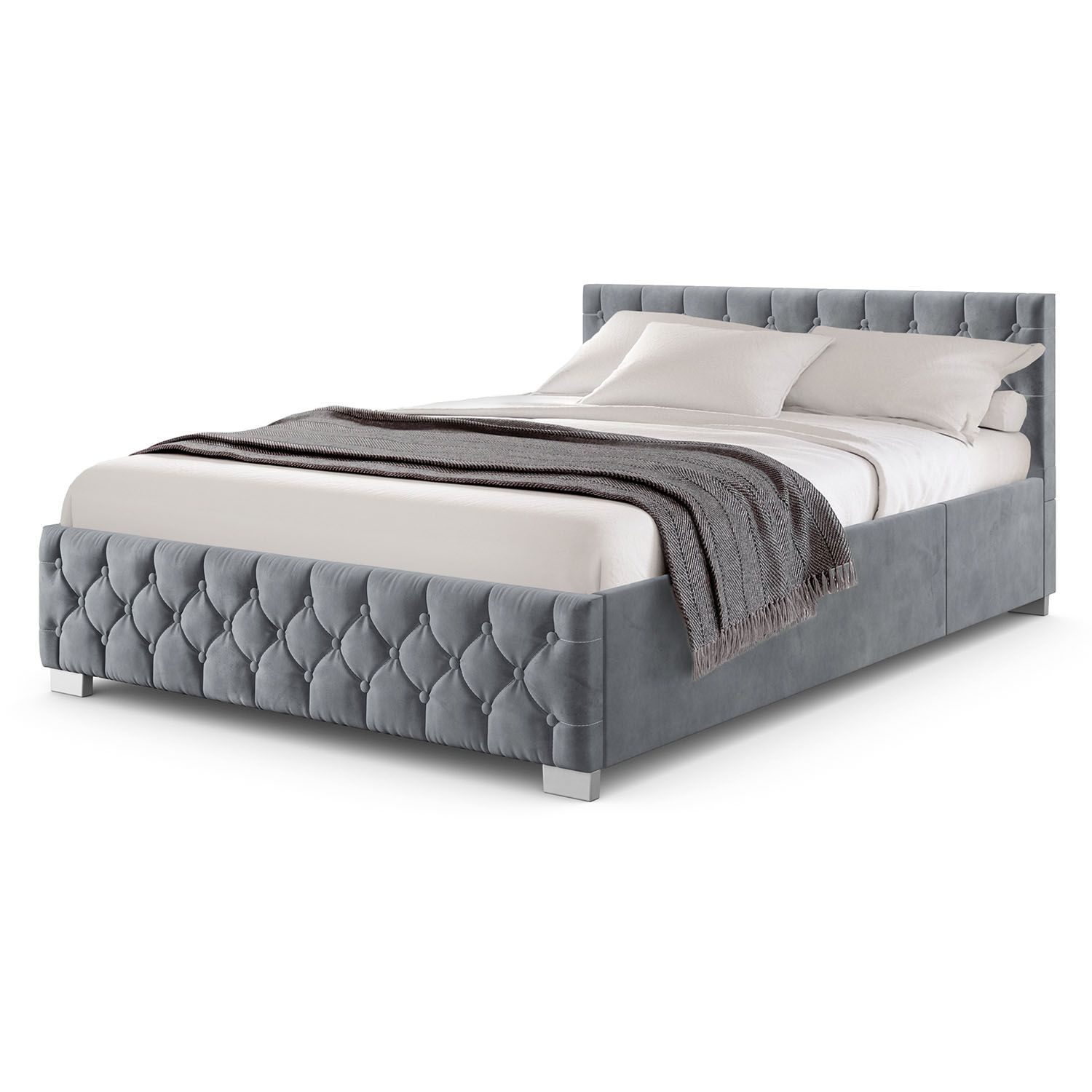 Juskys Polsterbett Nizza 140x200 cm - Lattenrost, Stauraum & LEDs - Samtbezug mit Steppung - Grau - Bild 1