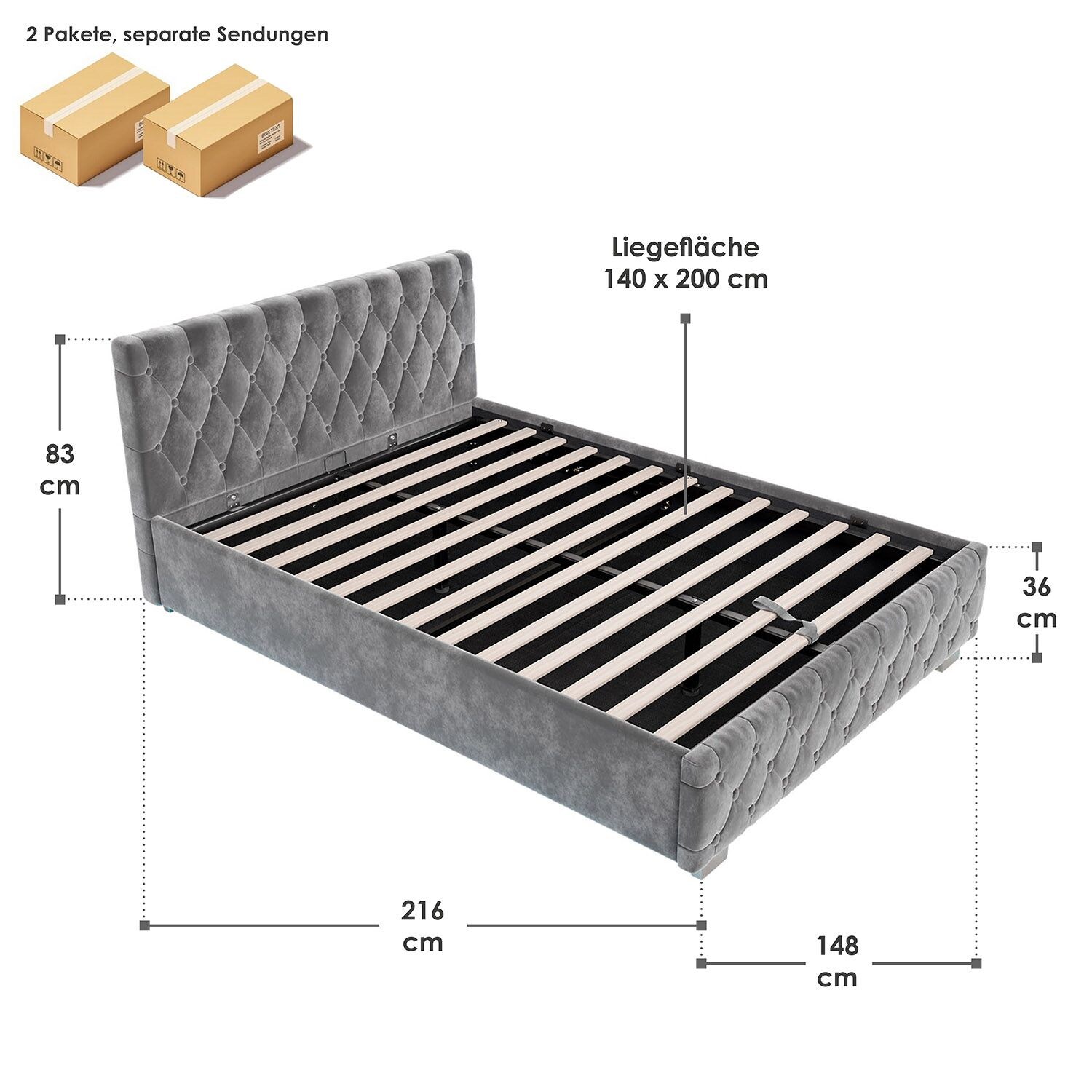 Juskys Polsterbett Nizza 140x200 cm - Lattenrost, Stauraum & LEDs - Samtbezug mit Steppung - Grau