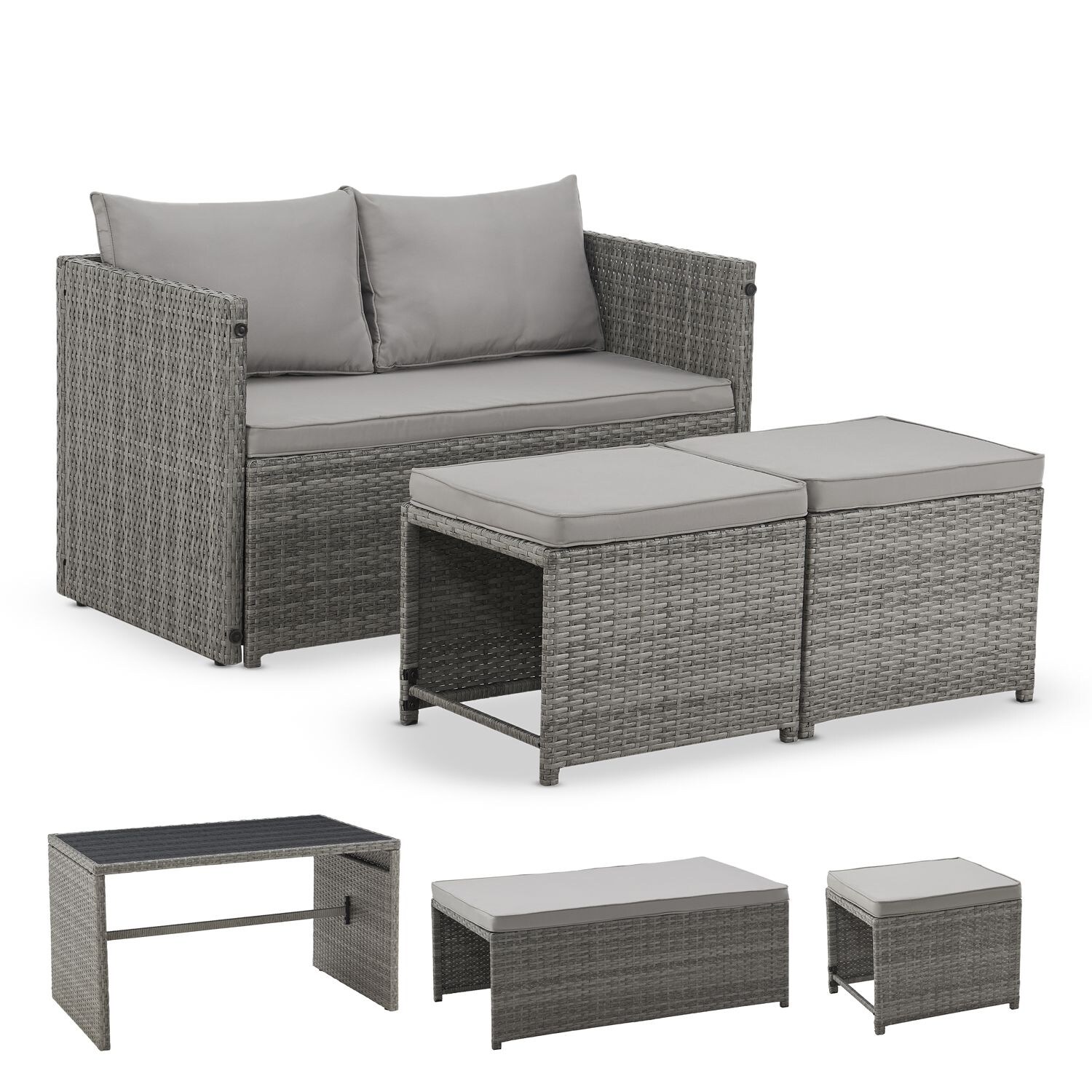 Juskys 2in1 Polyrattan Relax Gartenmöbel Set Jamaika – Lounge für Balkon & Outdoor, Balkonmöbel grau-meliert | 04260565527213