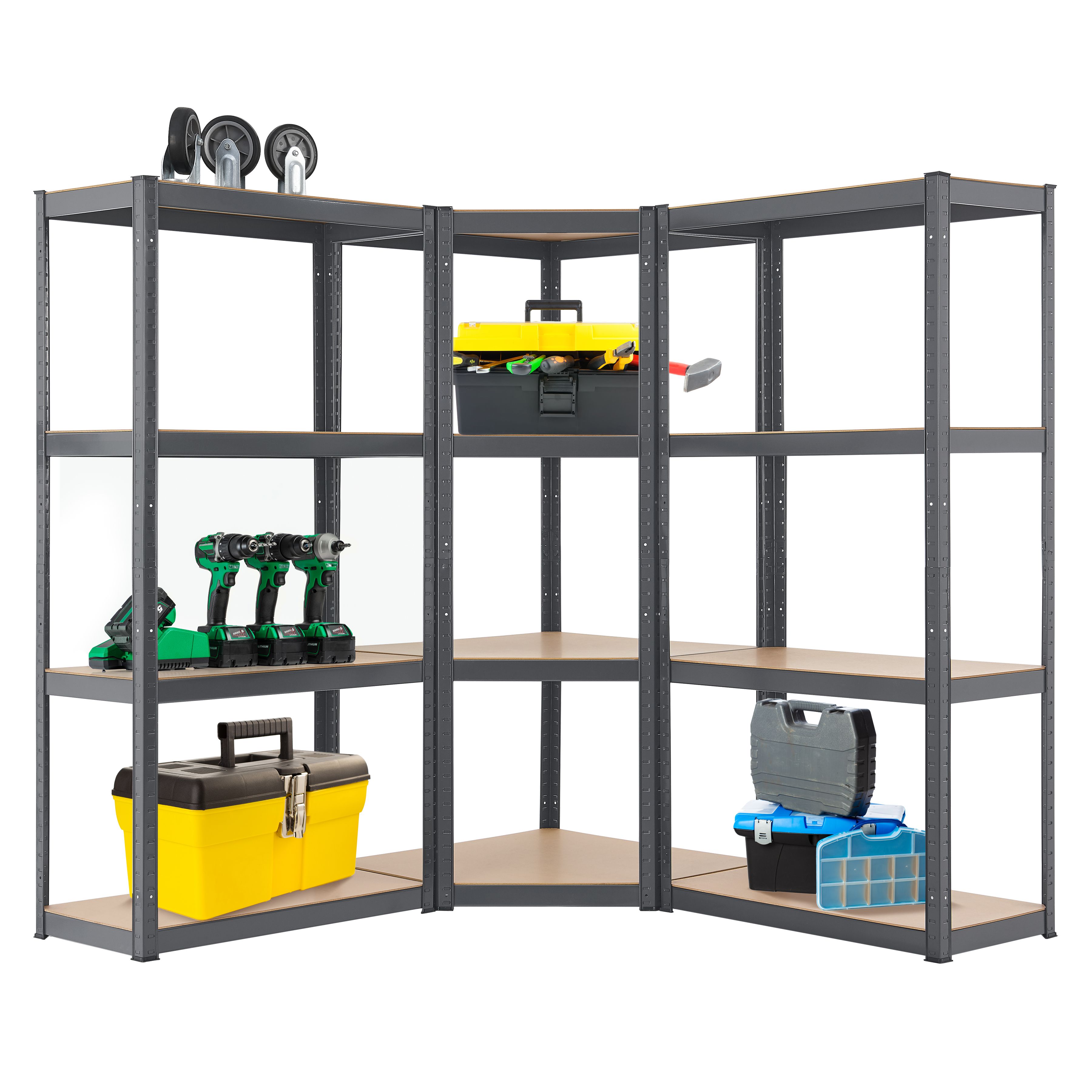 Juskys 3er Metall Regalsystem Easy, 1 Eckregal & 2 Schwerlastregale, 12 MDF Holz B&ouml;den, 960kg Grau - Bild 1