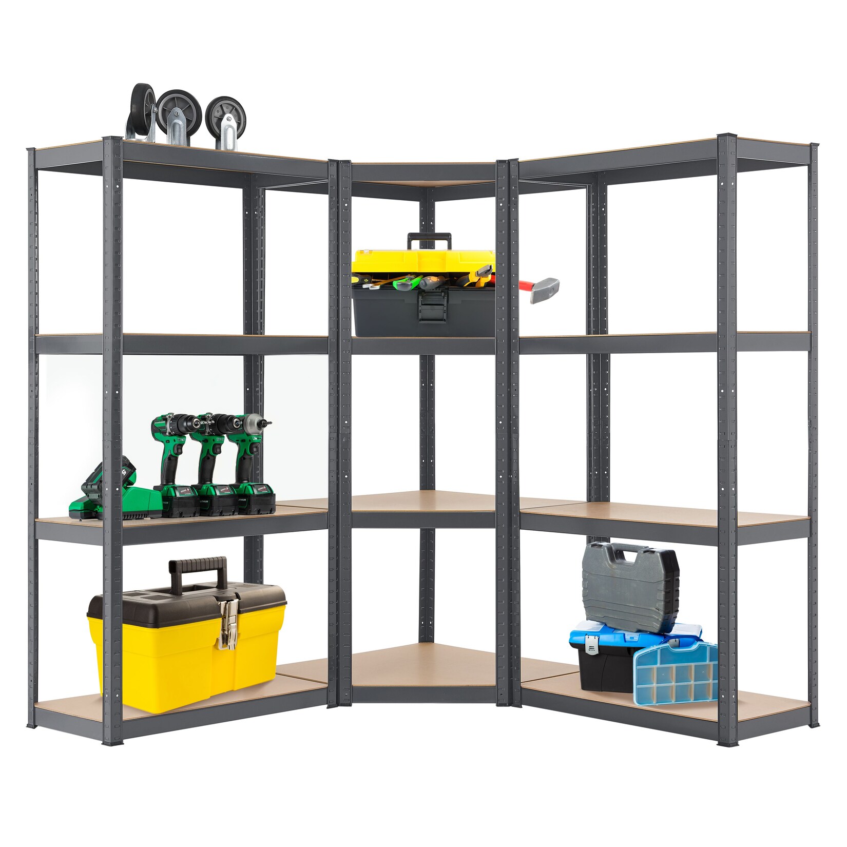 Juskys 3er Metall Regalsystem Easy, 1 Eckregal & 2 Schwerlastregale, 12 MDF Holz Böden, 960kg Grau