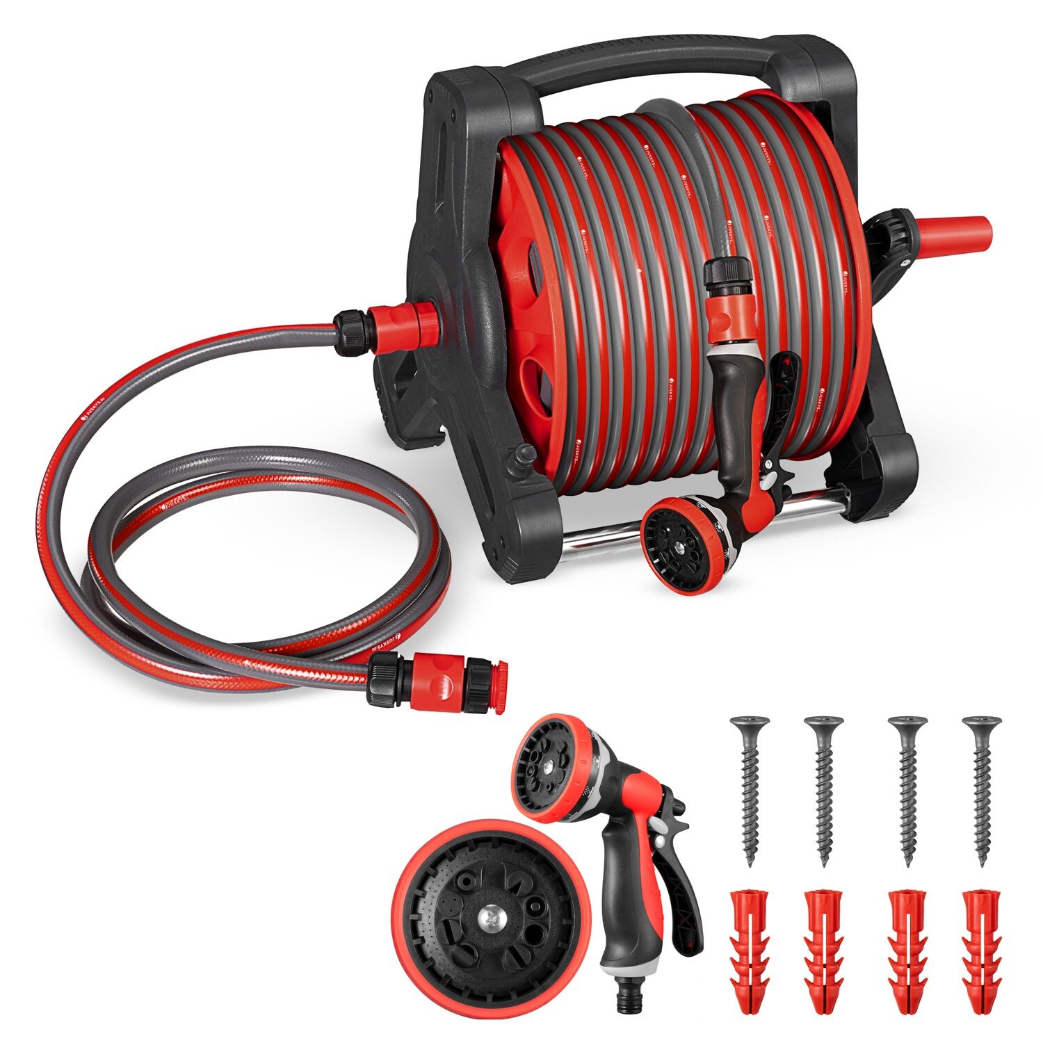 Juskys Schlauchtrommel Basic mit 30 m Wasserschlauch, Multifunktionsbrause und Halterung – Rot Grau | 04260565527350