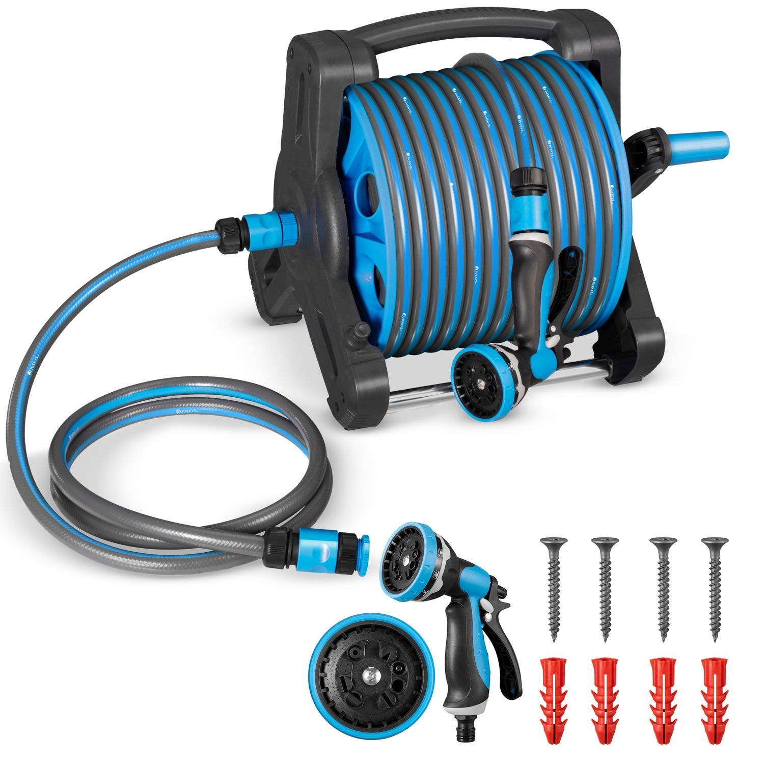Juskys Schlauchtrommel Basic mit 30 m Wasserschlauch, Multifunktionsbrause und Halterung &ndash; Blau Grau - Bild 1