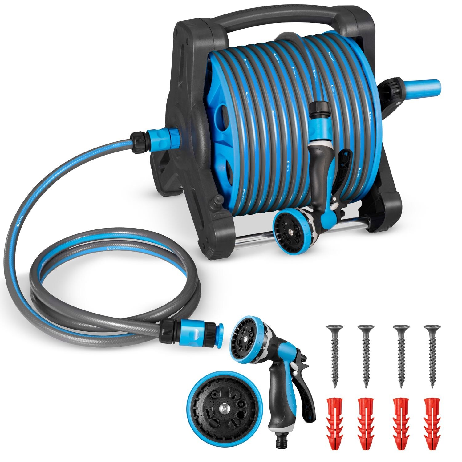 Juskys Schlauchtrommel Basic mit 30 m Wasserschlauch, Multifunktionsbrause und Halterung – Blau Grau