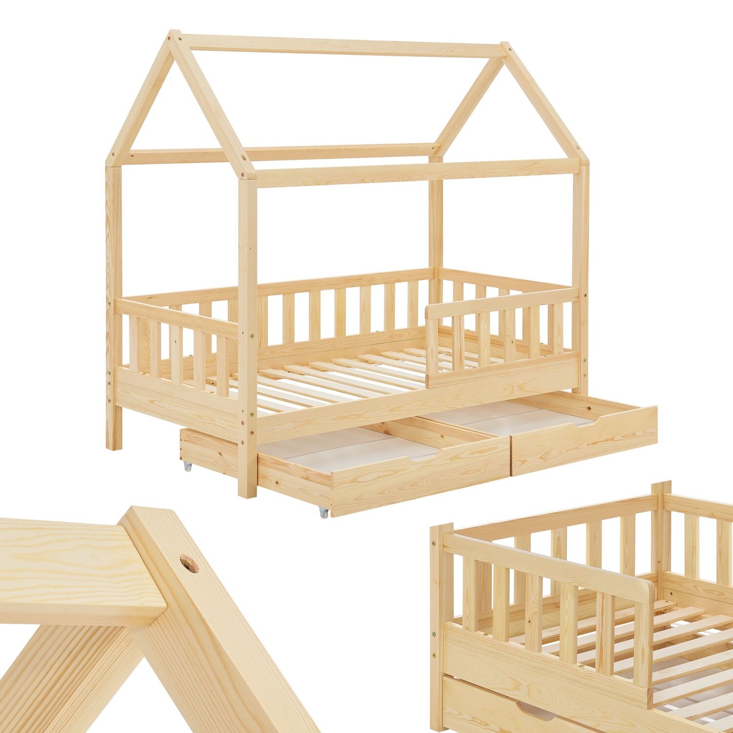Juskys Kinderbett Marli 80 x 160 cm mit Bettkasten, Gitter, Lattenrost & Dach – Holz Hausbett Natur | 04260565527466