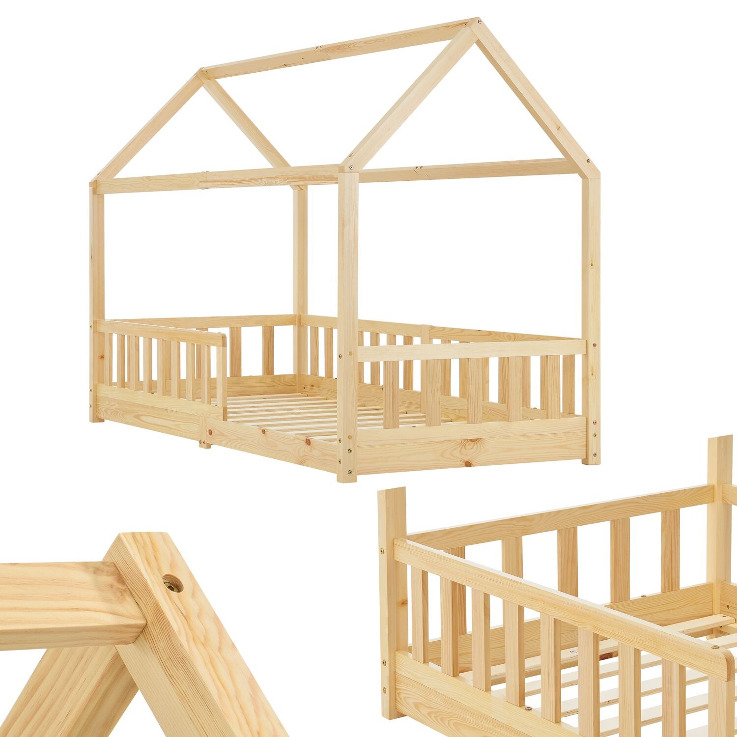 Juskys Kinderbett Marli 90 x 200 cm mit Rausfallschutz, Lattenrost & Dach – Holz Hausbett Natur | 04260565527503