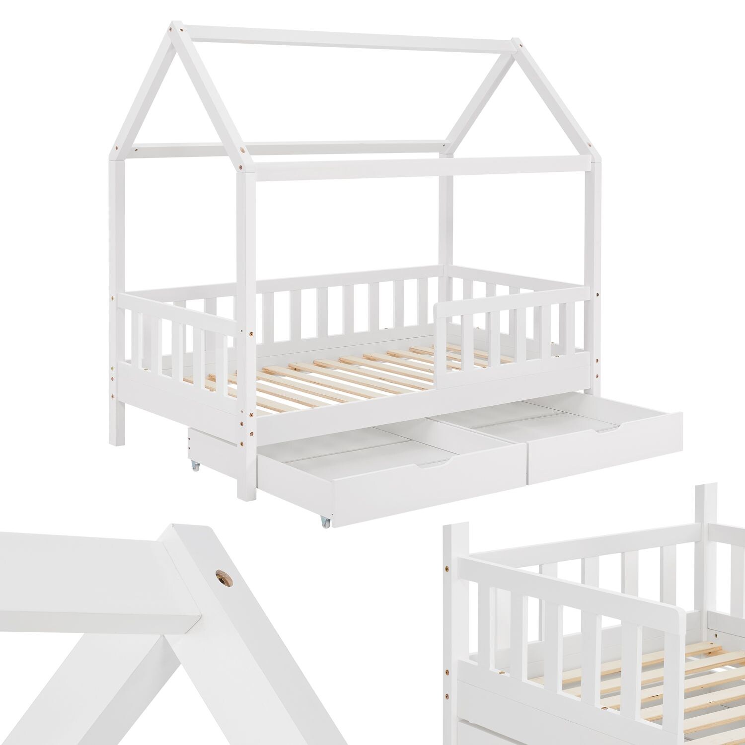 Juskys Kinderbett Marli 90 x 200 cm mit Bettkasten, Gitter, Lattenrost & Dach – Holz Hausbett Weiß | 04260565527534