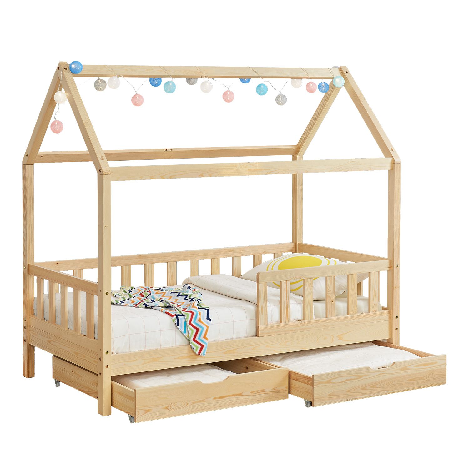 Juskys Kinderbett Marli 90 x 200 cm mit Bettkasten, Gitter, Lattenrost & Dach - Holz Hausbett Natur - Bild 1