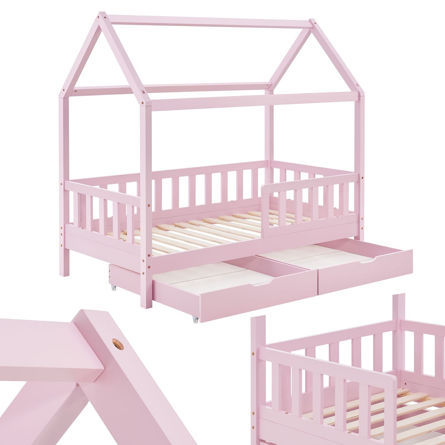 Juskys Kinderbett Marli 90 x 200 cm mit Bettkasten, Gitter, Lattenrost & Dach - Holz Hausbett Rosa - Bild 1